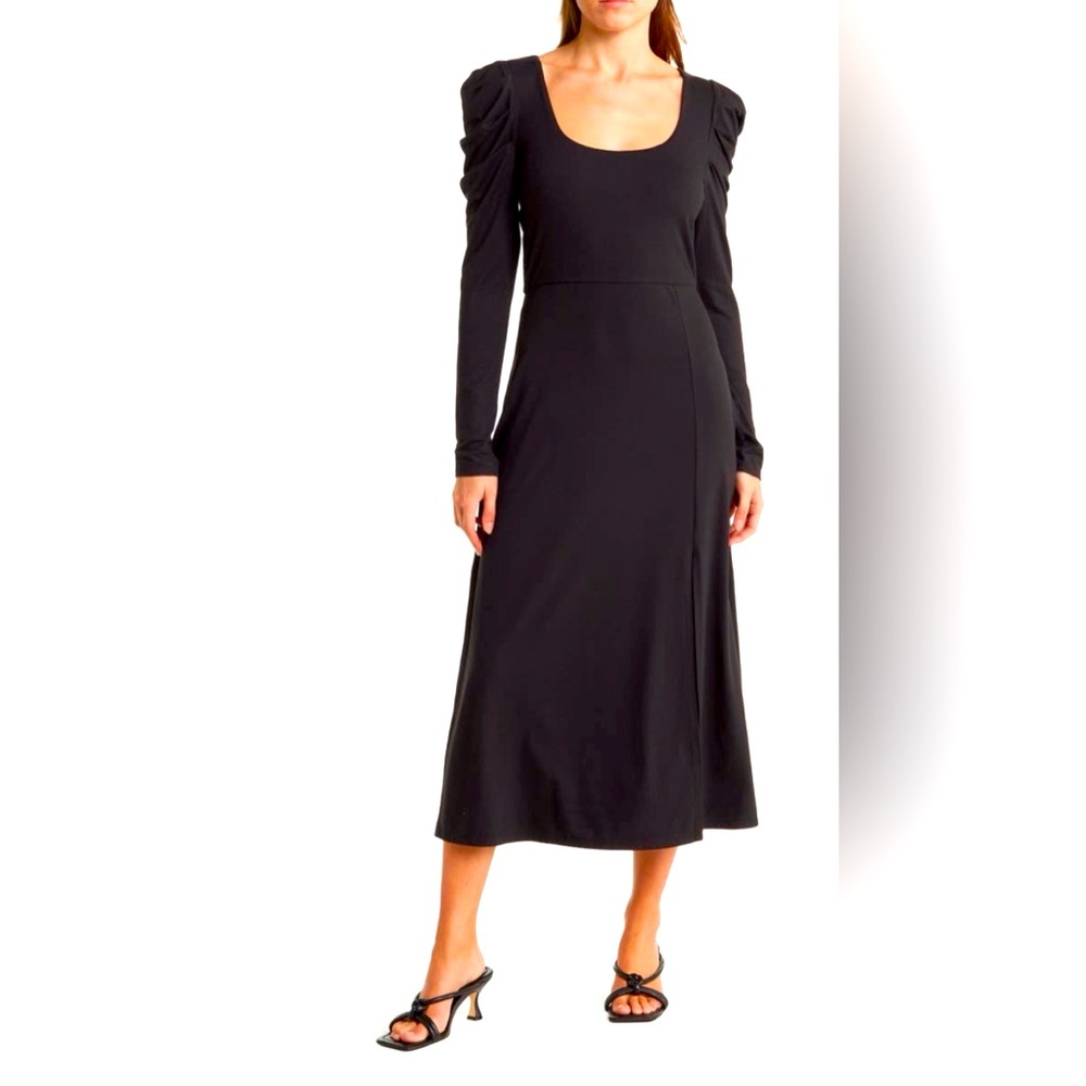 Wayf Black Midi Dress with Puff Shoulders